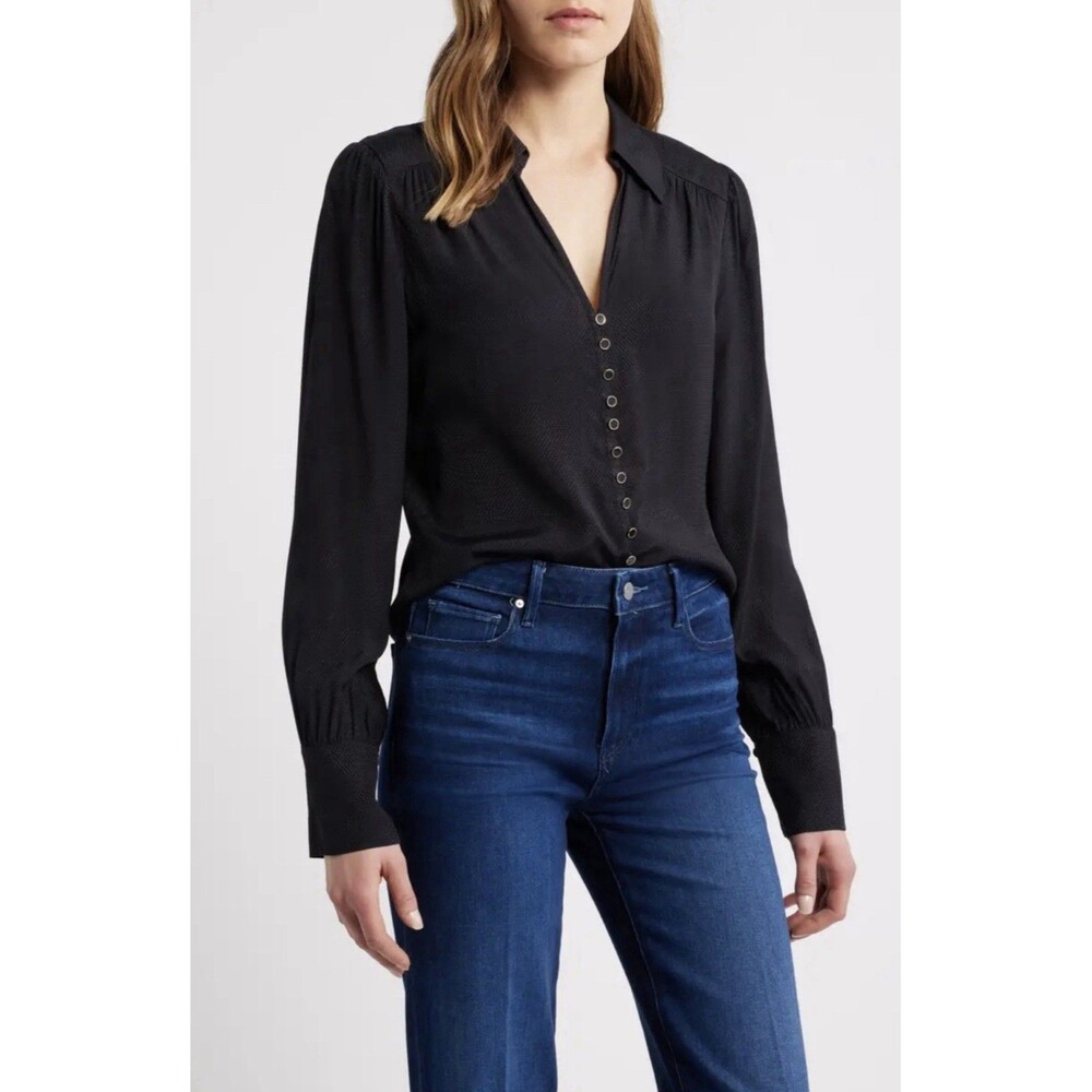 PAIGE Camu Jacquard Gold Ring Black V-Neck Button-Up Shirt Size 4 NWT $269